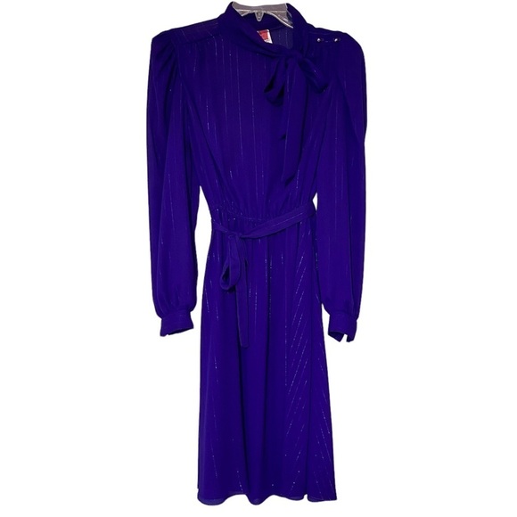 Vintage Purple Dress Neck Tie Long Sleeve Sz Small - Picture 1 of 10